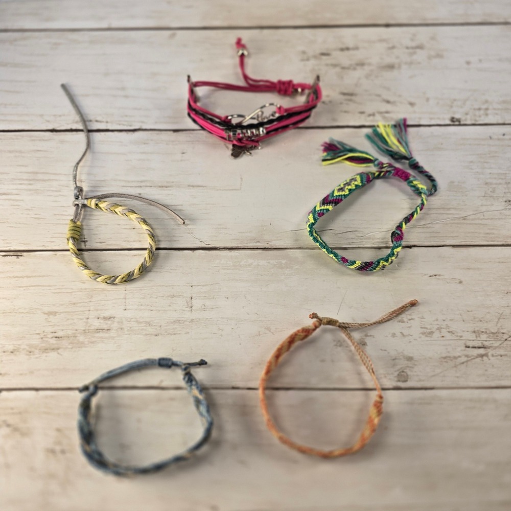 Lot of 5 Friendship Bracelets Woven Boho Tennis Theme Pink Yellow Blue Multi